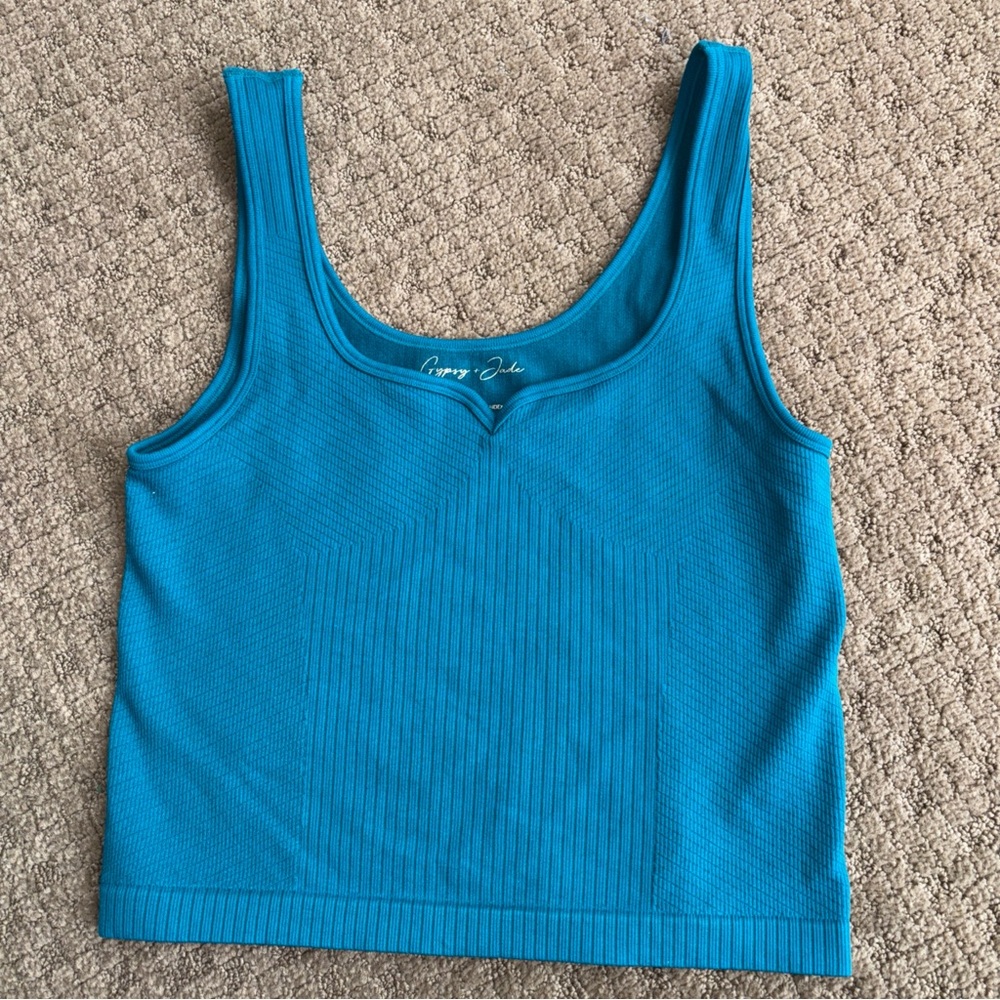 Gypsy + Jade Cropped Ribbed Tank Top Teal spandex stretch large sweetheart neck